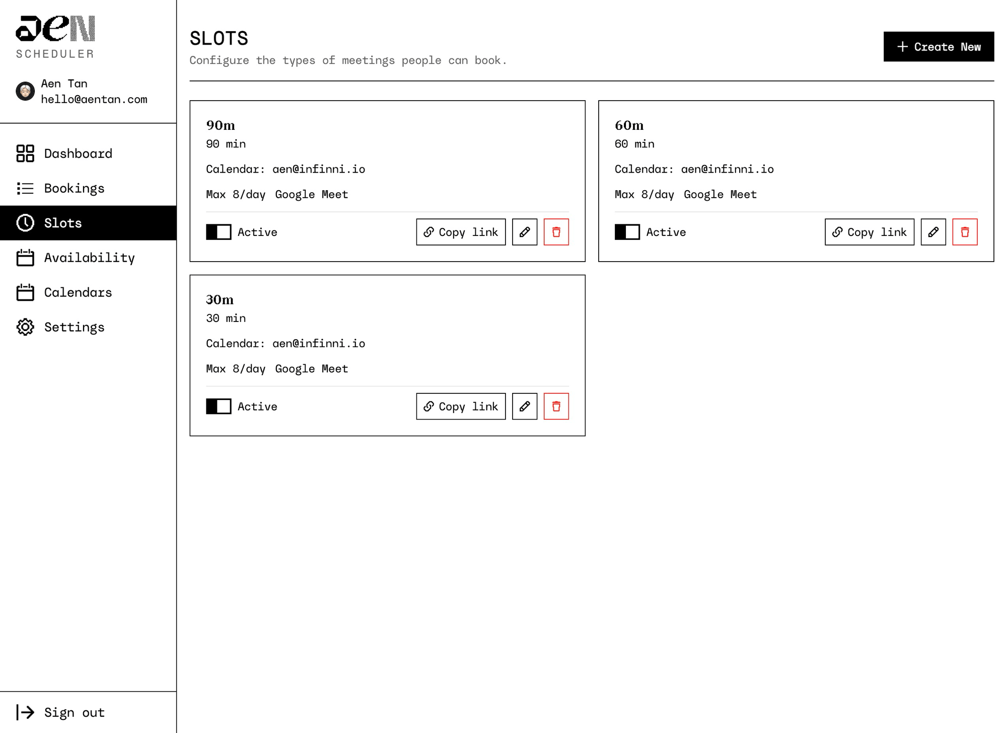 Slots are meeting types: duration, which calendar to write to, daily cap, buffers, how much notice I need.
