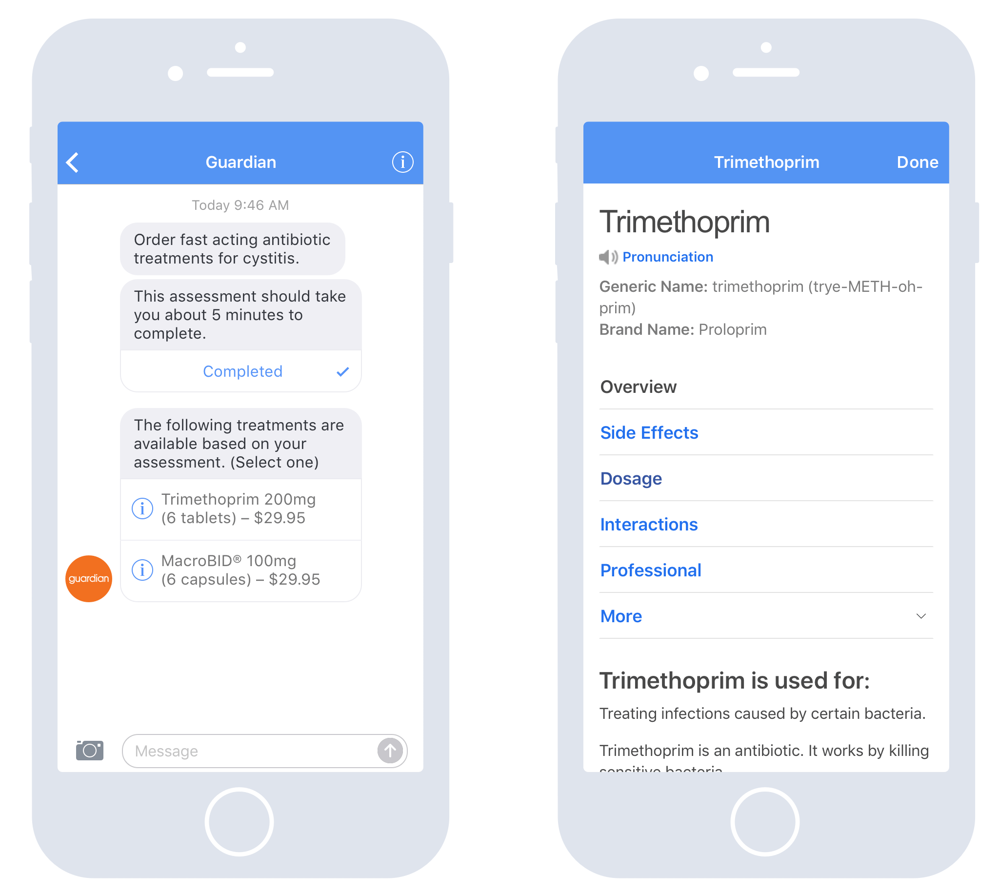 Option selection bubbles with information disclosure to help user decide which drug they prefer.