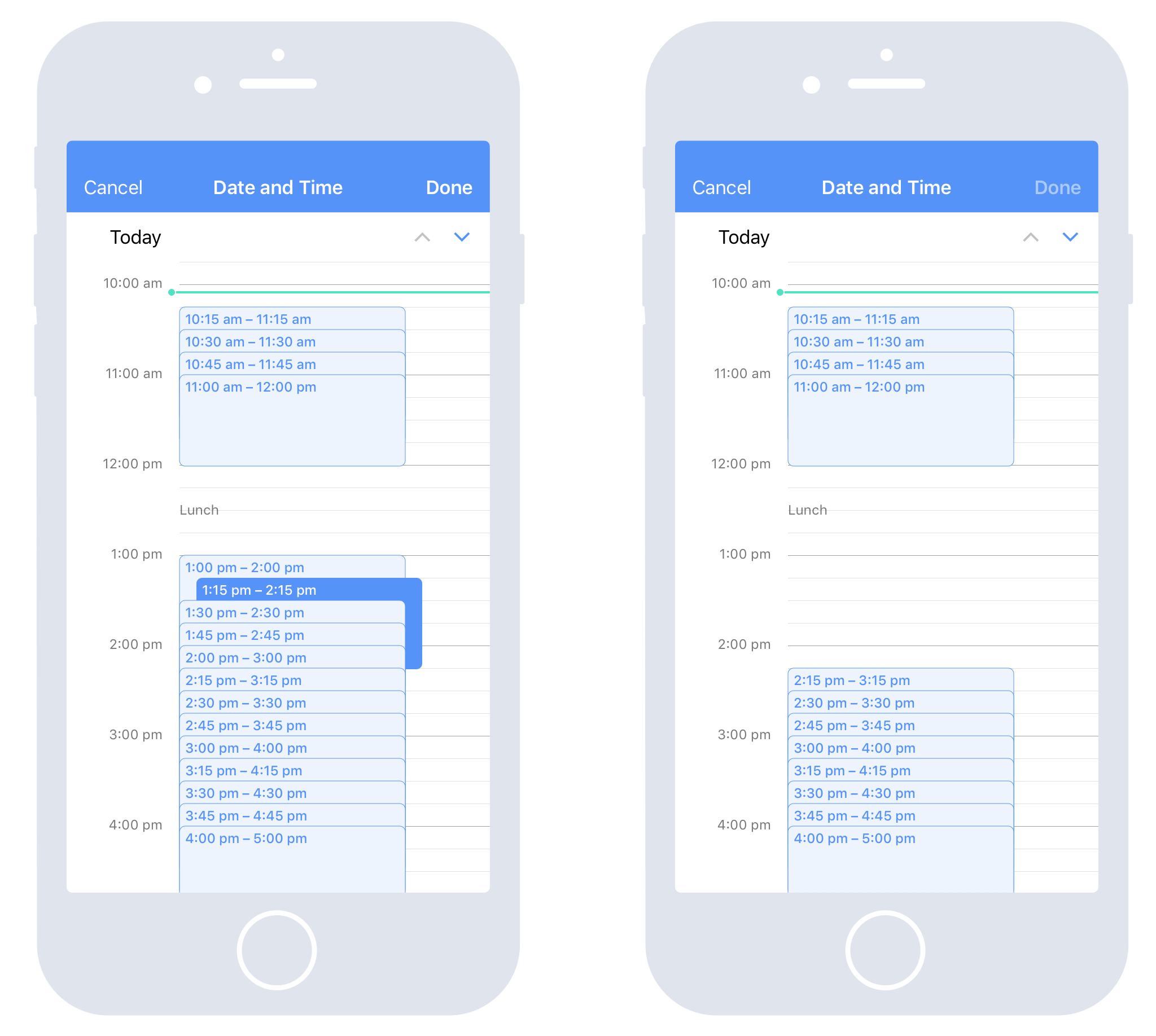 Once a user selects a time slot (left), the overlapping time slots will not be selectable for the next user (right).