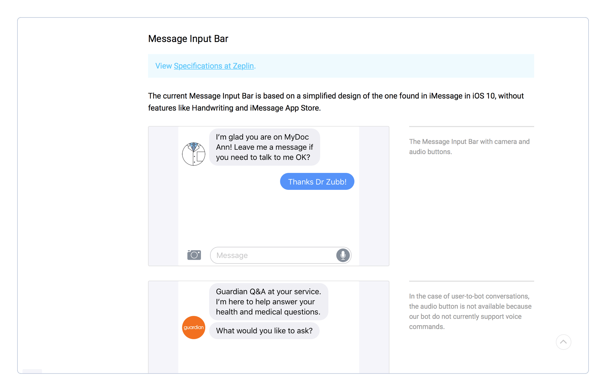 Specs for the message input bar.