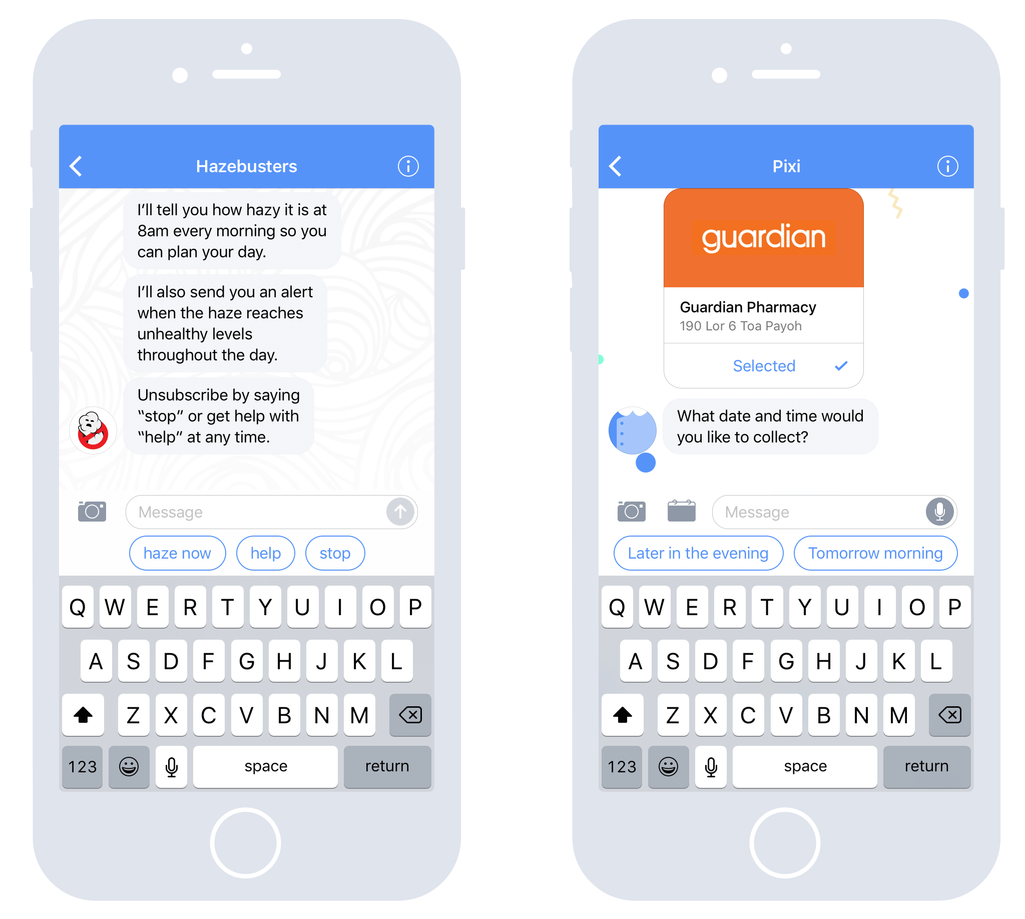 Suggested bot commands (left), replies (right).