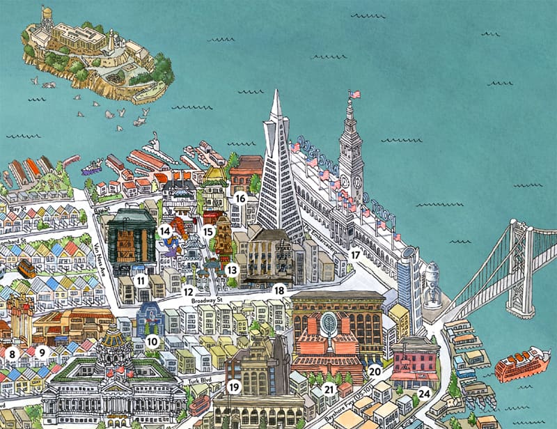 Close showing Chinatown and the Transamerica Pyramid among other sights.